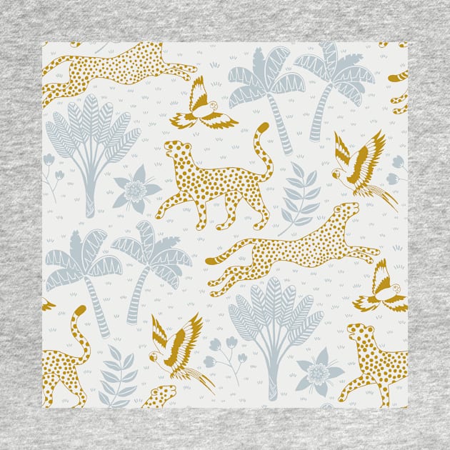 cheetahs and parrots in the jungle | bluish gray and gold | repeat pattern by colorofmagic